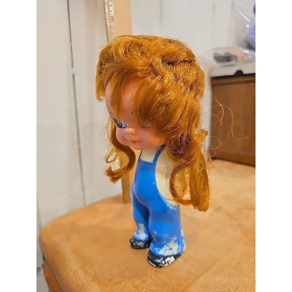 Vintage Aral petrol Station Advertising Rubber Girl Doll Strawberry Blonde Blue